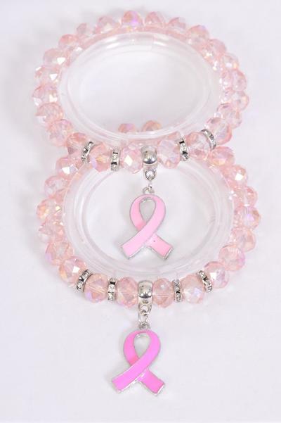 Charm Bracelet 10 mm Iridescent Glass Crystal Enamel Pink Ribbon Charm / 12 pcs = Dozen Stretch , 6 of each Pattern Asst , Hang Tag & Opp Bag & UPC Code