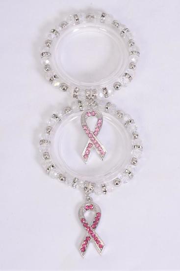 Bracelet Charm Bracelet 10 mm Glass Crystal Iridescent Pink Ribbon Charm / 12 pcs = Dozen match 70156 Breast Cancer Awareness , Stretch , 6 Of Each color Asst , Hang Tag & Opp Bag & UPC Code