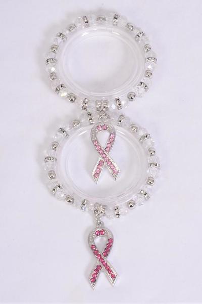Charm Bracelet 8 mm Glass Crystal Iridescent Pink Ribbon Charm / 12 pcs = Dozen match 70156 Stretch , 6 Of Each Pattern Asst , Hang Tag & Opp Bag & UPC Code