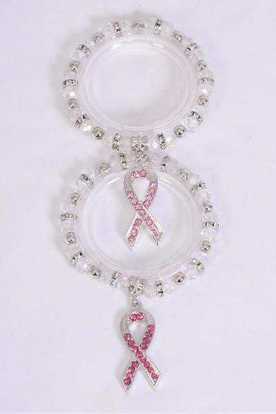 Bracelet Charm Bracelet 10 mm Glass Crystal Iridescent Pink Ribbon Charm / 12 pcs = Dozen match 70156 Breast Cancer Awareness , Stretch , 6 Of Each color Asst , Hang Tag & Opp Bag & UPC Code