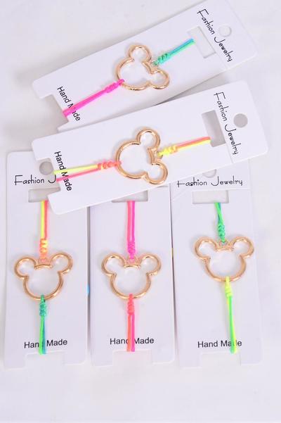 Bracelet Mouse Ear Gold Tiedye Strings Multi / 12 pcs = Dozen Face Size - 1" x 1" Wide , Pull-String , Adjustable ,Individual Hang tag & OPP Bag & UPC Code