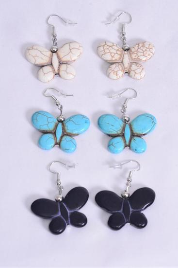 Earrings Butterfly Hand Carved Double Sided Real Semiprecious Stone/DZ **Fish Hook** Size-1.25"x 1" Wide,4 Black,4 Ivory,4 Turquoise Asst,Earring Card & OPP Bag & UPC Code