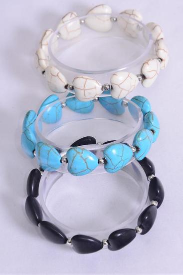 Bracelet Semiprecious Stone Heart Stretch/DZ Match 70148 03121 **Stretch** 4 Black,4 Ivory,4 Turquoise,Hang Tag & Opp Bag & UPC Code