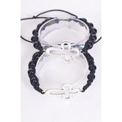 Bracelet Shamballa Sideways Cross 10 mm Black Glass Beads/DZ **Adjustable** Hang Tag &amp; OPP Bag &amp; UPC Code