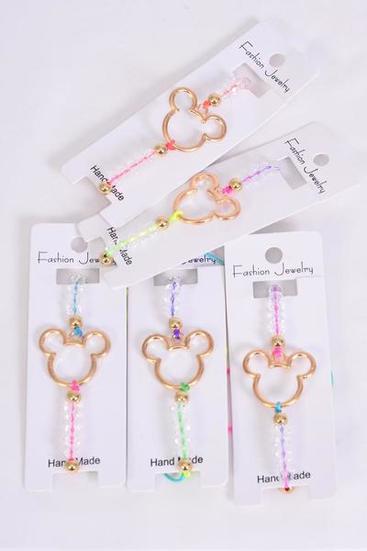 Bracelet Mouse Ear Gold Glass Crystal Multi/DZ Face Size-1"x 1" Wide,Pull-String, Adjustable,Individual Hang tag & OPP Bag & UPC Code