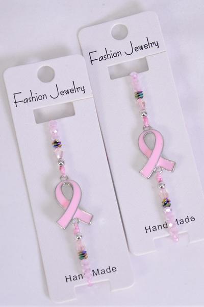 Bracelet Enamel Hope Pink Ribbon / 12 pcs = Dozen  Pull-String , Adjustable , Individual Hang Tag & OPP Bag & UPC Code