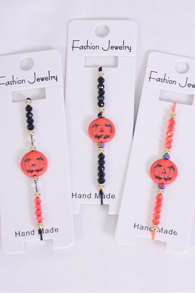 Bracelet Pumpkin Happy Halloween / 12 pcs = Dozen  match 00136 Pull-String , Adjustable , 4 of each Color Mix , Individual Hang tag & OPP Bag & UPC Code