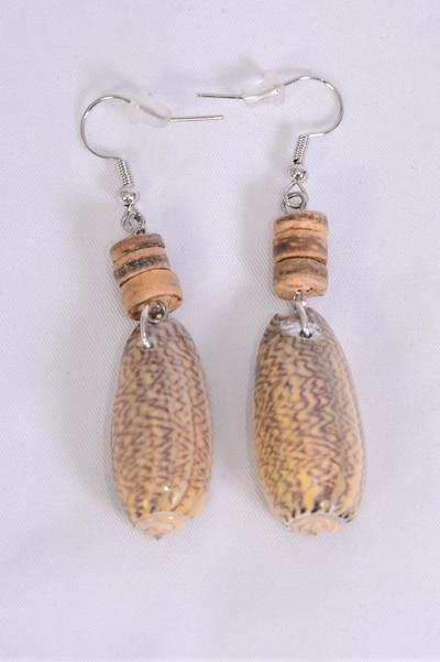 Earrings Real Seashell Coconut Shell Mix / 12 Pair = Dozen Fish Hook , Size-1.75"x 1" Wide , Earring Card & OPP Bag & UPC Code