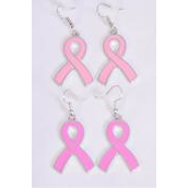 Earrings Metal Silver Pink Ribbon Enamel/DZ match 70157 **Fish Hook** Ribbon-1.25&quot;x 0.75&quot; Wide,6 Hot Pink &amp; 6 Baby Pink Mix,Earring Card &amp; OPP Bag &amp; UPC Code