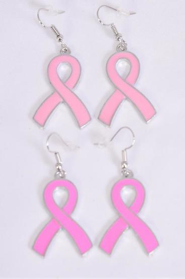 Earrings Metal Silver Pink Ribbon Enamel/DZ match 70157 **Fish Hook** Ribbon-1.25"x 0.75" Wide,6 Hot Pink & 6 Baby Pink Mix,Earring Card & OPP Bag & UPC Code