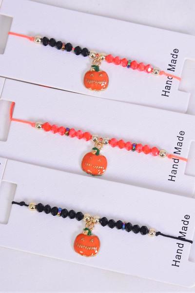 Bracelet Pumpkin Happy Halloween /  12 pcs = Dozen Pull-String , Adjustable , 4 of each Color Mix , Individual Hang tag & OPP Bag & UPC Code