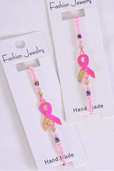 Bracelet Gold Hope Enamel Pink Ribbon / 12 pcs = Dozen Pull-String , Adjustable , Individual Hang Tag & OPP Bag & UPC Code