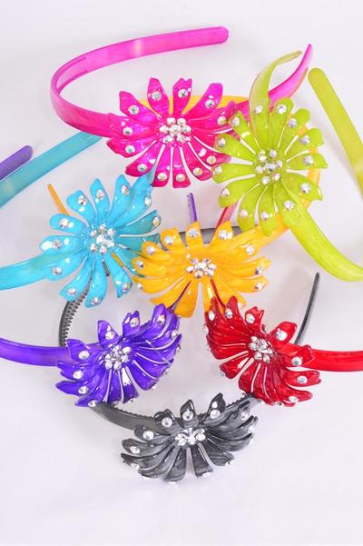 Headband Horseshoe Acrylic Marble Look Flower Studded / 12 pcs = Dozen Bow-tie Size - 2.75" x 1.25" Wide , 2 Red , 2 Fuchsia , 2 Purple , 2 Yellow , 2 Black , 1 Green , 1 Blue Color Asst , Hang Tag & OPP bag & UPC