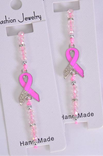 Bracelet Silver Hope Enamel Pink Ribbon / 12 pcs = Dozen  Pull-String , Adjustable , Individual Hang Tag & OPP Bag & UPC Code