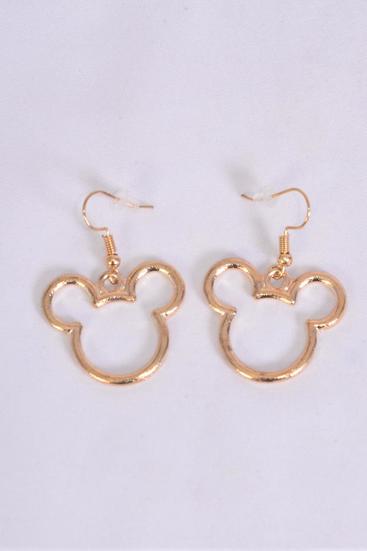 Earrings Metal Mouse Ear Gold / 12 pair = Dozen Fish Hook , Face Size - 1" Wide , Earring Card & OPP Bag & UPC Code