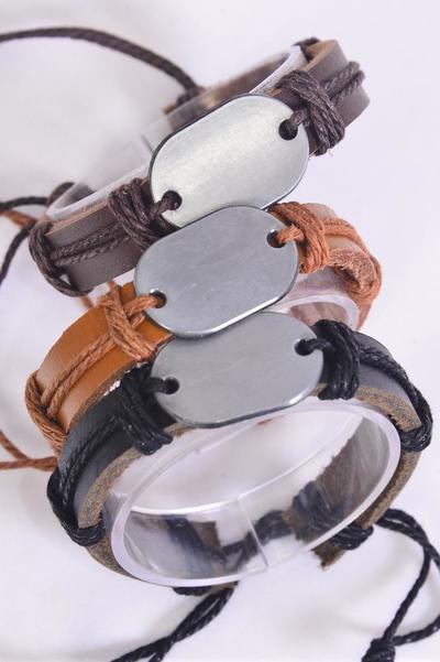 Bracelet Real Leather Band I D Blank tag / 12 pcs = Dozen Unisex , Adjustable , 4 of each Color Mix , Hang tag & OPP Bag & UPC Code