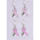 Earrings Metal Silver Hope Pink Ribbon Enamel/DZ match 25819 **Fish Hook** Size-1&quot;x 0.75 Wide,6 Of Each Pattern Asst,Earring Card &amp; OPP Bag &amp; UPC Code