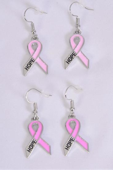 Earrings Metal Silver  Pink Ribbon Hope Enamel / 12 pair = Dozen match 25819  Fish Hook , Size - 1" x 0.75 Wide , 6 Of Each Pattern Asst , Earring Card & OPP Bag & UPC Code