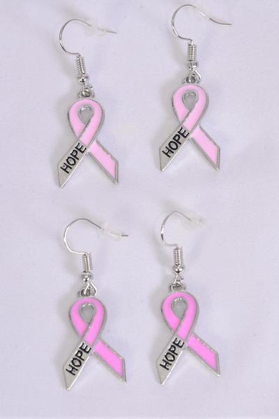 Earrings Metal Silver Hope Pink Ribbon Enamel / 12 pair = Dozen match 25819 Fish Hook , Size-1"x 0.75 Wide , 6 Of Each Pattern Asst , Earring Card & OPP Bag & UPC Code