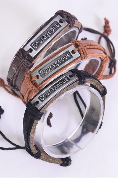 Bracelet Real Leather Band Courageous / 12 pcs = Dozen  Unisex , Adjustable , 4 of each Pattern Mix , Individual Hang tag & OPP Bag & UPC Code