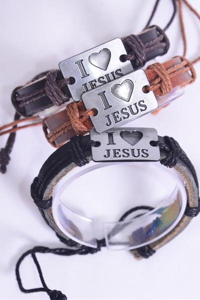 Bracelet Real Leather Band I Love Jesus / 12 pcs = Dozen   Unisex , Adjustable , 4 of each Color Mix , Individual Hang tag & OPP Bag & UPC Code