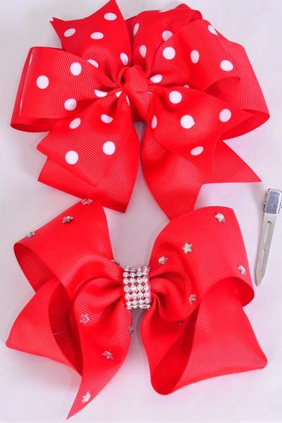 Hair Bow Jumbo Polka Dot & Star Studded Mix Grosgrain Bow-tie Red / 12 pcs Bow = Dozen Alligator Clip , Star Size - 6"x 5" , Polkadot - 6" x 5" Wide , 6 of each Pattern Asst , Clip Strip & UPC Code