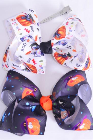 Hair Bow Jumbo Halloween Witches Jack O'lantern   Mix Grosgrain Bow-tie/DZ Alligator Clip, Size-6"x 5" Wide,6 Of each Pattern Mix,Clip Strip & UPC Code