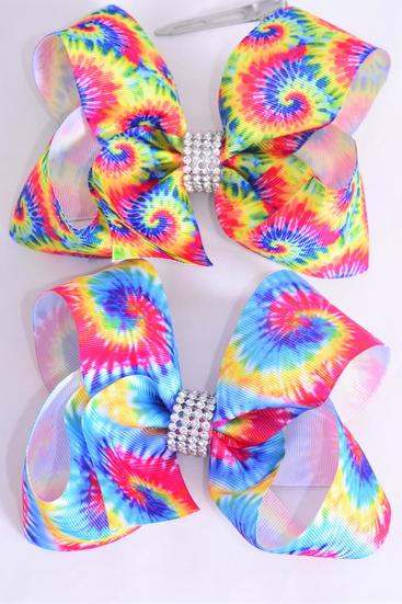 Hair Bow Jumbo Gradient Tiedye Grosgrain Bow-tie / 12 pcs Bow = Dozen Alligator Clip , Size - 6" x 5" Wide , 6 of each Pattern Asst , Clip Strip and UPC Code