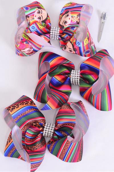 Hair Bow Jumbo Serape Artist Pattern Mix Grosgrain Bown-tie / 12 pcs Bow = Dozen Alligator Clip , Size - 6" x 5" Wide , 4 Of Each Pattern Asst , Clip Strip & UPC Code