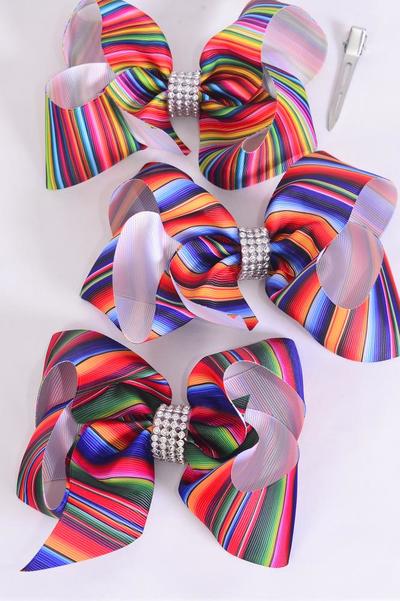 Hair Bow Jumbo Serape Pattern Mix Grosgrain Bow-tie / 12 pcs Bow = Dozen Alligator Clip , Size - 6" x 5" Wide , 4 Of Each Pattern Asst , Clip Strip & UPC Code