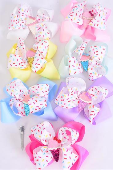 Hair Bow Jumbo Double Layered Jimmies Sprinkles Ice Cream Charm Grosgrain Bow-tie / 12 pcs Bow = Dozen Alligator Clip , Size - 6" x 5", 2 White , 2 Baby Pink , 2 Lavender , 2 Hot Pink , 2 Mint Green , 1 Blue , 1 Yellow Color Asst , Clip Strip & UPC Code