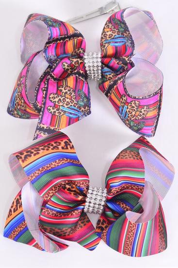 Hair Bow Jumbo Serape Leopard Cactus Mix Grosgrain Bow-tie / 12 pcs Bow = Dozen Serape , Alligator Clip , Size - 6" x 5" Wide , 6 Of Each Pattern Asst , Clip Strip & UPC Code