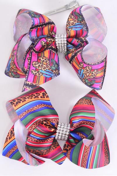 Hair Bow Jumbo Serape Leopard Cactus Mix Grosgrain Bow-tie / 12 pcs Bow = Dozen Serape , Alligator Clip , Size - 6" x 5" Wide , 6 Of Each Pattern Asst , Clip Strip & UPC Code
