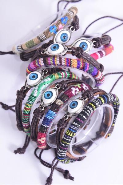 Bracelet Leather Hamsa Evil Eye Aztec Macrame Wrap Mix Adjustable / 12 pcs = Dozen Unisex , Adjustable , 2 of each Pattern Asst , Individual Hang tag & OPP Bag & UPC Code