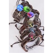 Bracelet Real Brown Leather Band Glass Dome Tree Of Life/DZ **Unisex** Adjustable,2 of each Pattern Asst,Individual Hang tag &amp; OPP Bag &amp; UPC Code