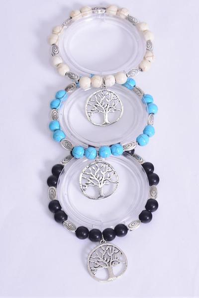 Bracelet 10 mm Semiprecious Stone Tree of Life Charm / 12 pcs = Dozen  Stretch , 4 Black , 4 Ivory ,4 Turquoise Color Asst , Hang Tag & Opp Bag & UPC Code