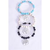 Bracelet 10 mm Semiprecious Stone &amp; Silver Tree of Life Charm Stretchy/DZ match 03140 **Stretch**  Black,4 Ivory,4 Turquoise,3 Color Asst,Hang Tag &amp; Opp Bag &amp; UPC Code
