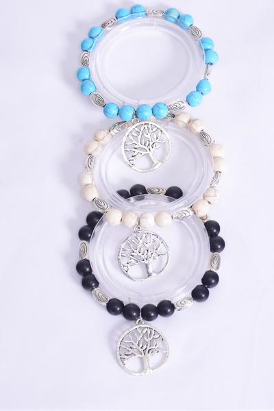 Bracelet 10 mm Semiprecious Stone & Silver Tree of Life Charm / 12 pcs = Dozen  match 03140 Stretch , 4 Black , 4 Ivory ,4 Turquoise Color Asst , Hang Tag & Opp Bag & UPC Code
