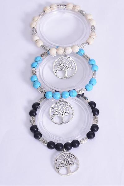 Bracelet 8 mm Semiprecious Stone Tree of Life Charm / 12 pcs = Dozen  Stretch , 4 Black , 4 Ivory , 4 Turquoise Color Asst , Hang Tag & Opp Bag & UPC Code