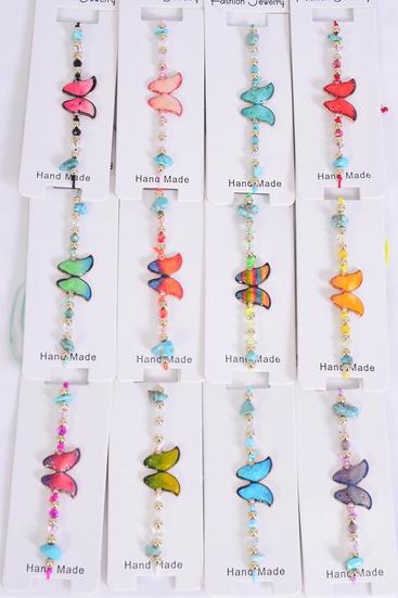 Bracelet Enamel Silver Glitter Butterfly Glass Crystal Iridescent Multi / 12 pcs Bow = Dozen Pull-String , Adjustable , 12 Pattern Mix , Individual Hang Tag & OPP Bag & UPC Code