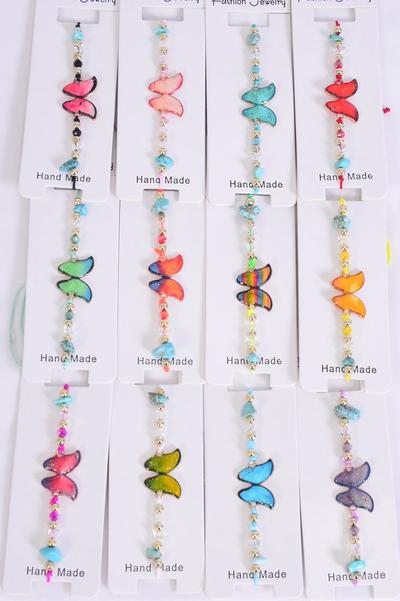Bracelet Enamel Silver Glitter Butterfly Glass Crystal Iridescent Multi / 12 pcs Bow = Dozen Pull-String , Adjustable , 12 Pattern Mix , Individual Hang Tag & OPP Bag & UPC Code