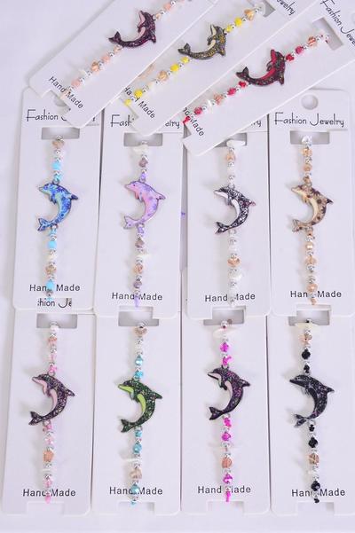 Bracelet Enamel Dolphin Glass Crystal Iridescent Multi / 12 pcs = Dozen Pull-String , Adjustable , 12 Pattern Mix , Individual Hang Tag & OPP Bag & UPC Code