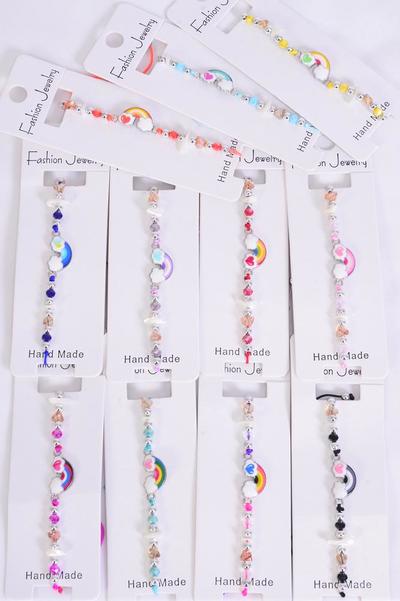 Bracelet Enamel Rainbow Multi / 12 pcs = Dozen  Pull-String , Adjustable , 12 Color Mix , Hang tag & OPP Bag & UPC Code , 1 Dozen per Card
