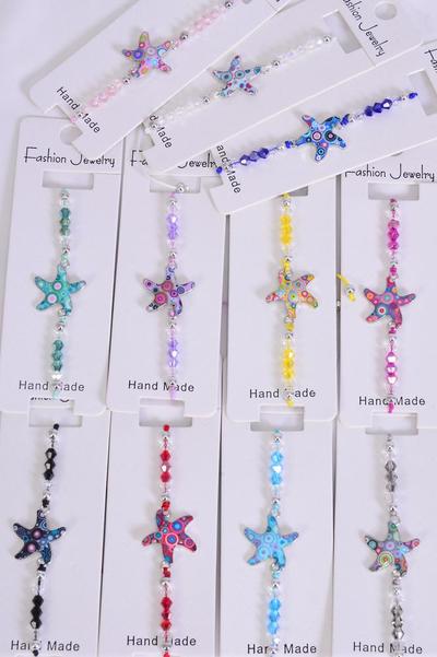 Bracelet Enamel Starfish Multi / 12 pcs = Dozen match 01009 Pull-String , Adjustable , Individual Hang tag & OPP Bag & UPC Code