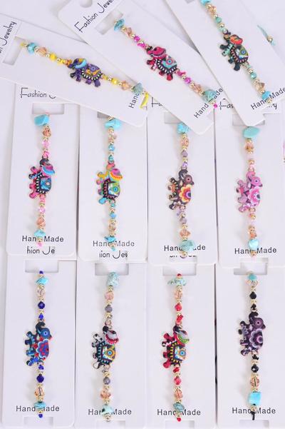 Bracelet Enamel Elephant Glass Crystal Iridescent Multi / 12 pcs = Dozen  match 00081 Pull-String , Adjustable , 12 Pattern Mix , Individual Hang Tag & OPP Bag & UPC Code