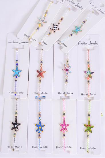 Bracelet Enamel Starfish Glass Crystal Iridescent Multi/DZ Pull-String,Adjustable, 12 Pattern Mix,Individual Hang Tag & OPP Bag & UPC Code