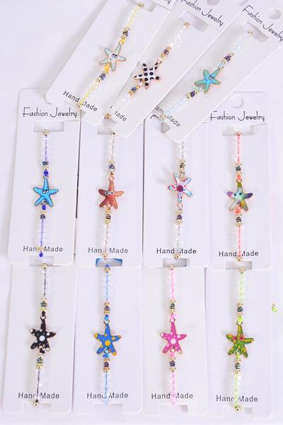Bracelet Enamel Starfish Glass Crystal Iridescent Multi / 12 pcs = Dozen Pull-String , Adjustable , 12 Pattern Mix , Individual Hang Tag & OPP Bag & UPC Code