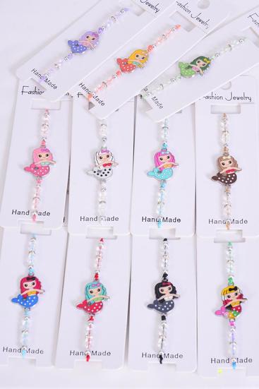 Bracelet Mermaid Enamel Glass Crystal Iridescent Multi / 12 pcs Bow = Dozen  match 00079 25018 Pull-String , Adjustable , 12 Pattern Mix , Individual Hang Tag & OPP Bag & UPC Code