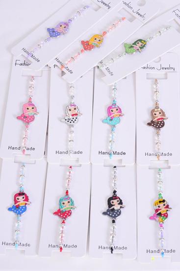 Bracelet Mermaid Enamel Glass Crystal Iridescent Multi / 12 pcs Bow = Dozen  match 00079 25018 Pull-String ,Adjustable , 12 Pattern Mix ,Individual Hang Tag & OPP Bag & UPC Code