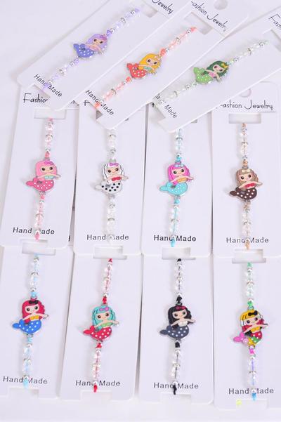 Bracelet Mermaid Enamel Glass Crystal Iridescent Multi / 12 pcs Bow = Dozen  match 00079 25018 Pull-String , Adjustable , 12 Pattern Mix , Individual Hang Tag & OPP Bag & UPC Code